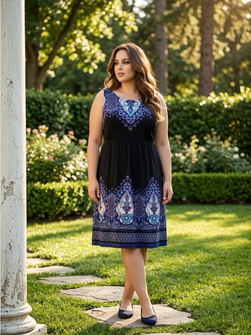 Apt. 9 Black & Blue Sleeveless Printed Midi Dress